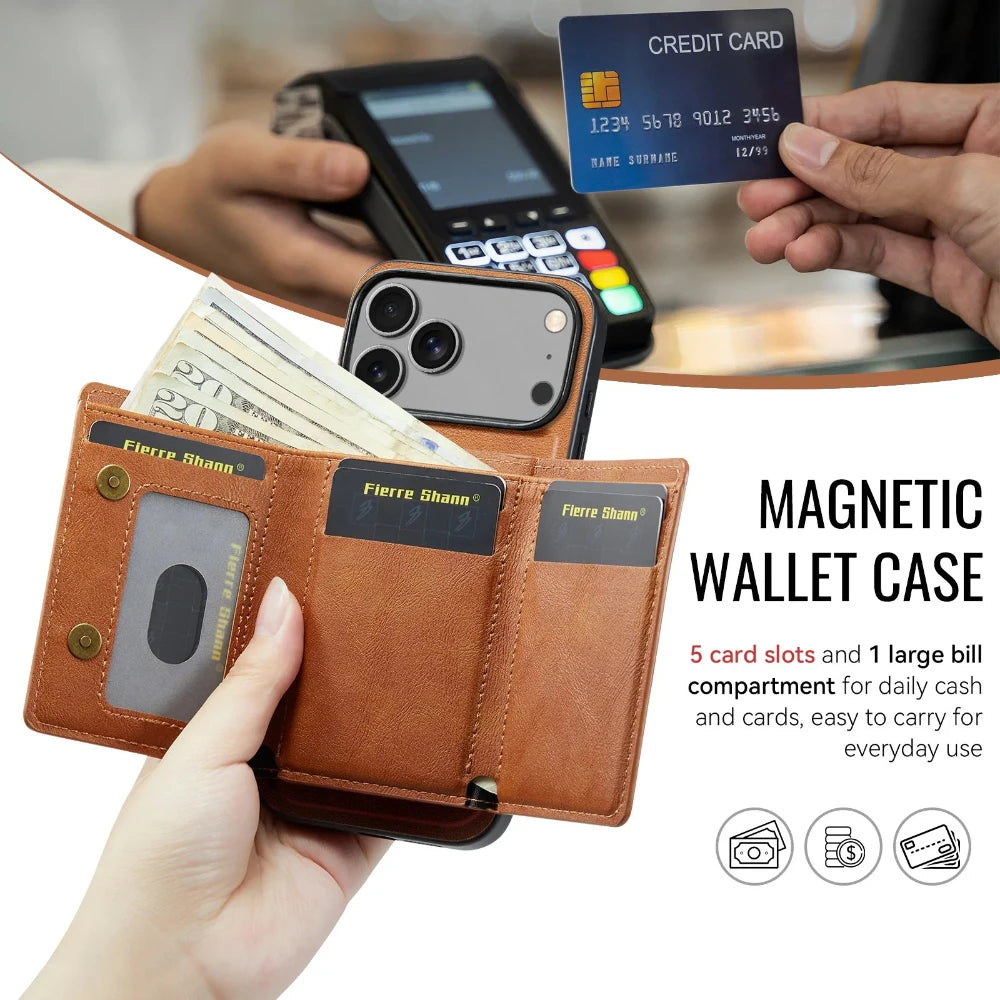 Leather Phone Case for iPhone 17 Pro Max 17Air 16e 16 Plus 15 14 13 12 11 7 8 SE3 Magnetic Detachable Card Holder Wallet Cover