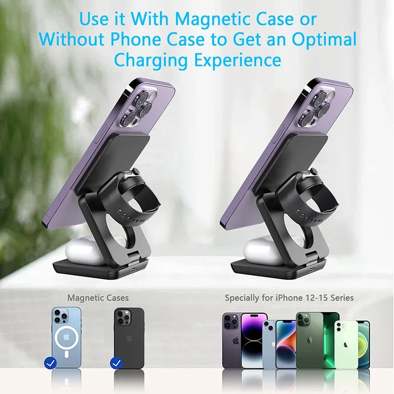 3 in 1 Foldable Magnetic Wireless Charger Stand For Magsafe iPhone 1615 14 13 12 Apple Watch 8 7 6 Airpods Fast Charging Station - covers4phones