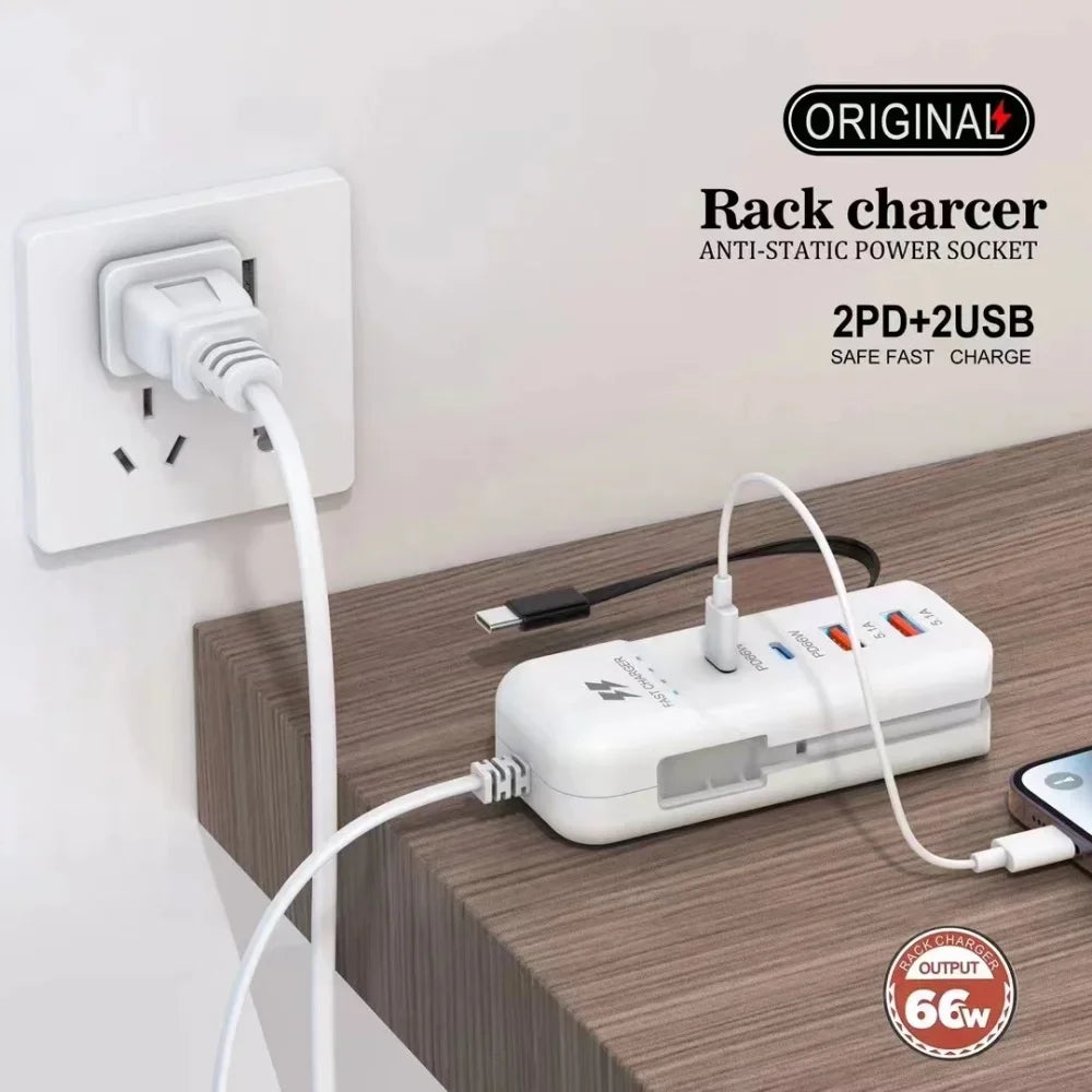 66W PD Fast Charging Wall USB Chargers USB Hub Adapter 4 Ports USB Type C EU US UK Plug Extension Type C Cable Socket Outlet