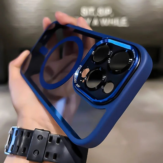 Transparent Metal Camera Bumper Case For iPhone 16 11 12 13 17 Pro Max 15 16 Plus 17 Air For Magsafe Magnetic Clear Phone Cover