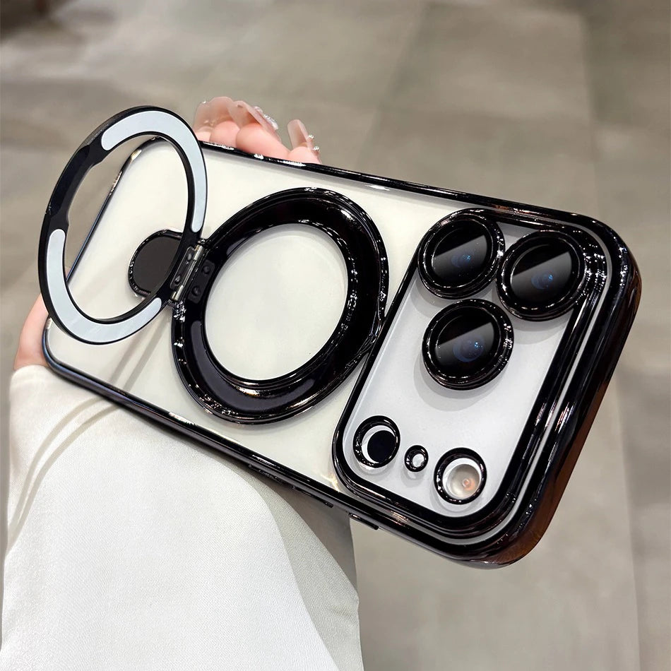 for iphone 17 Air Case Plating Magsafe Magnetic Bracket Case for iPhone 17 16 Pro 13 12 Max 15 14 16 Plus 17PRO Transparent Cove