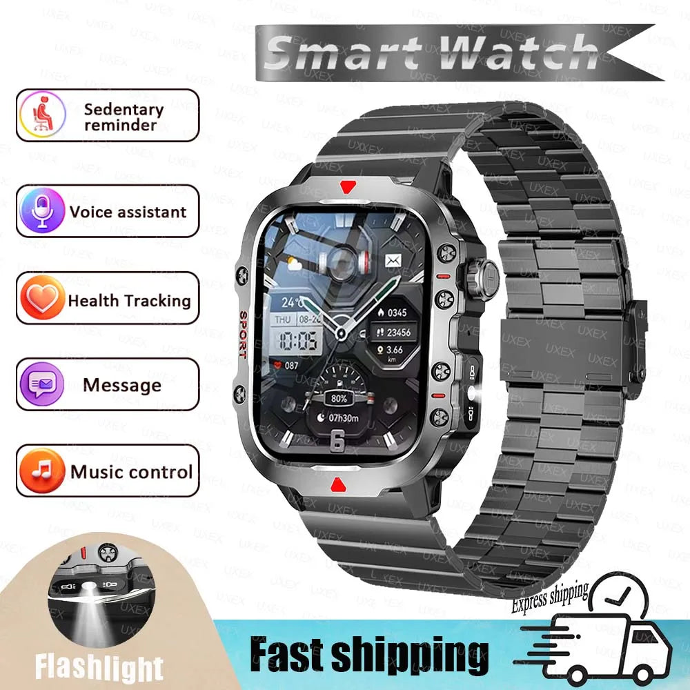 Military 2026 Sports Smartwatch Men 2.01 inch HD LED Flashlight Christmas Gift Screen Bluetooth Talking Multifunction Smartwatch