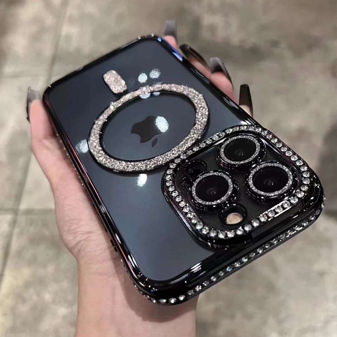 Bling Glitter Rhinestone Magnetic Wireless Charge Case for iPhone 16 15 14 13 12 11 Pro Max Plus Shockproof Pink Jewelled Cover - covers4phones