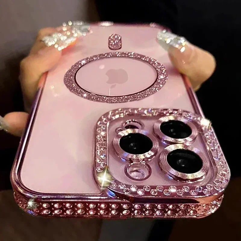 Fashion Girl Pink Crystal Glitter Transparent Magnetic Case For iPhone 16 15 11 12 13 14 Pro Max Wireless Charging Diamond Cover