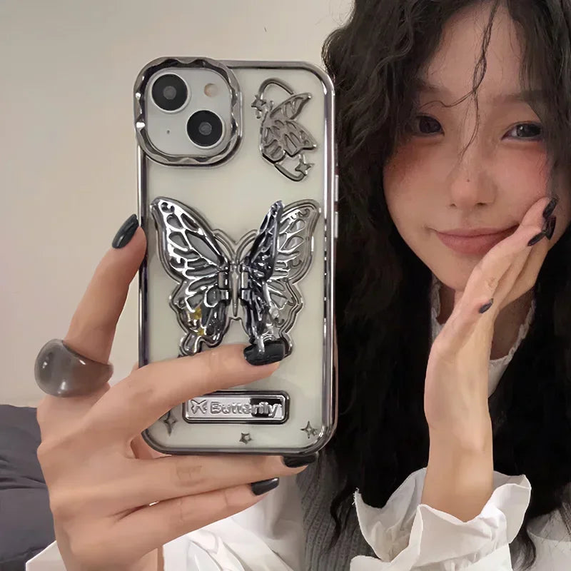 Butterfly Stand Plating Phone Cases For IPhone 16 15 Pro Max 14 13 12 11 Gradient Glitter Protect Shockproof Back Cover