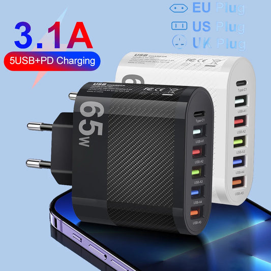 3.1A 5Ports USB Charger PD Charging Adapter For Xiaomi iPhone 13 Samsung Mobile Phone Plug Charging QC 3.0 Wall Charger - covers4phones