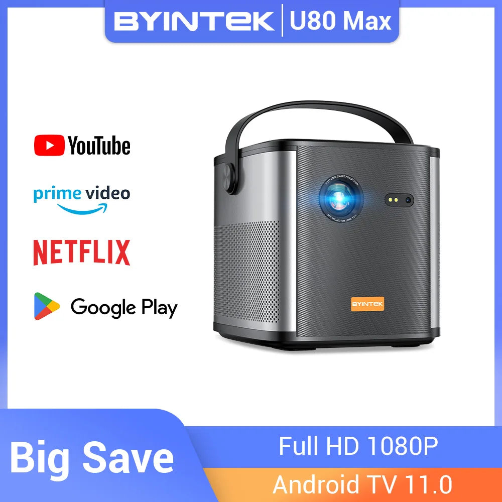BYINTEK U80 Max Projector 3D 4K Cinema Android 11.0 WiFi Mini Portable 1080P Home Theater Video DLP Projector with Battery - covers4phones