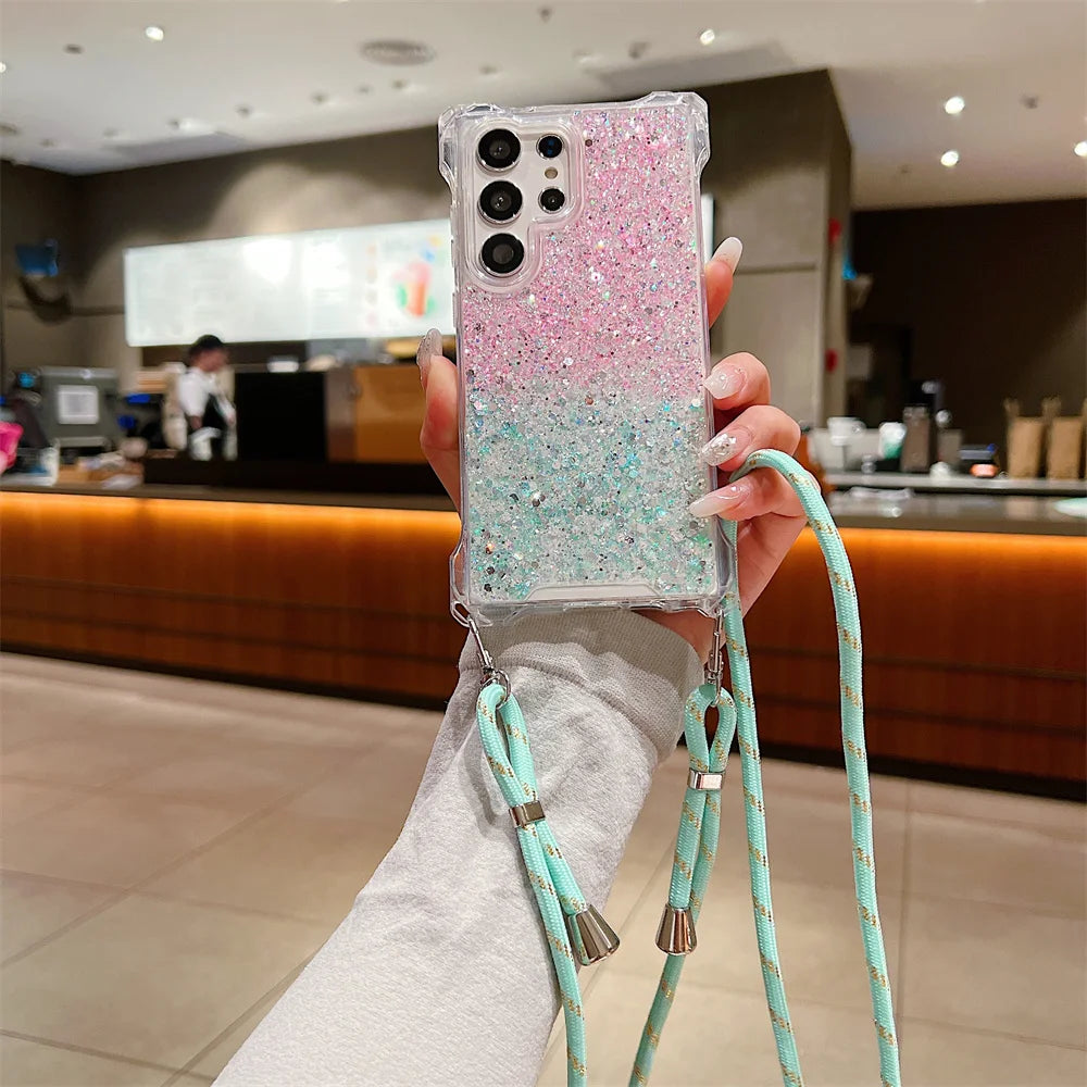 Glitter Gradient Crossbody Case for Samsung Galaxy S24 Ultra S22 S23 Plus A55 A54 A34 A14 A15 A53 Lanyard Necklace Bumper Cover - covers4phones