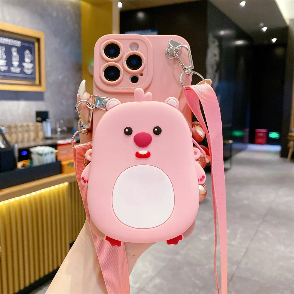 3D Cartoon Capybara Crossbody Strap Coin Wallet Lipstick Bag Phone Case For iPhone 16 15 14 Plus 13 12 11 Pro Max 16ProMax