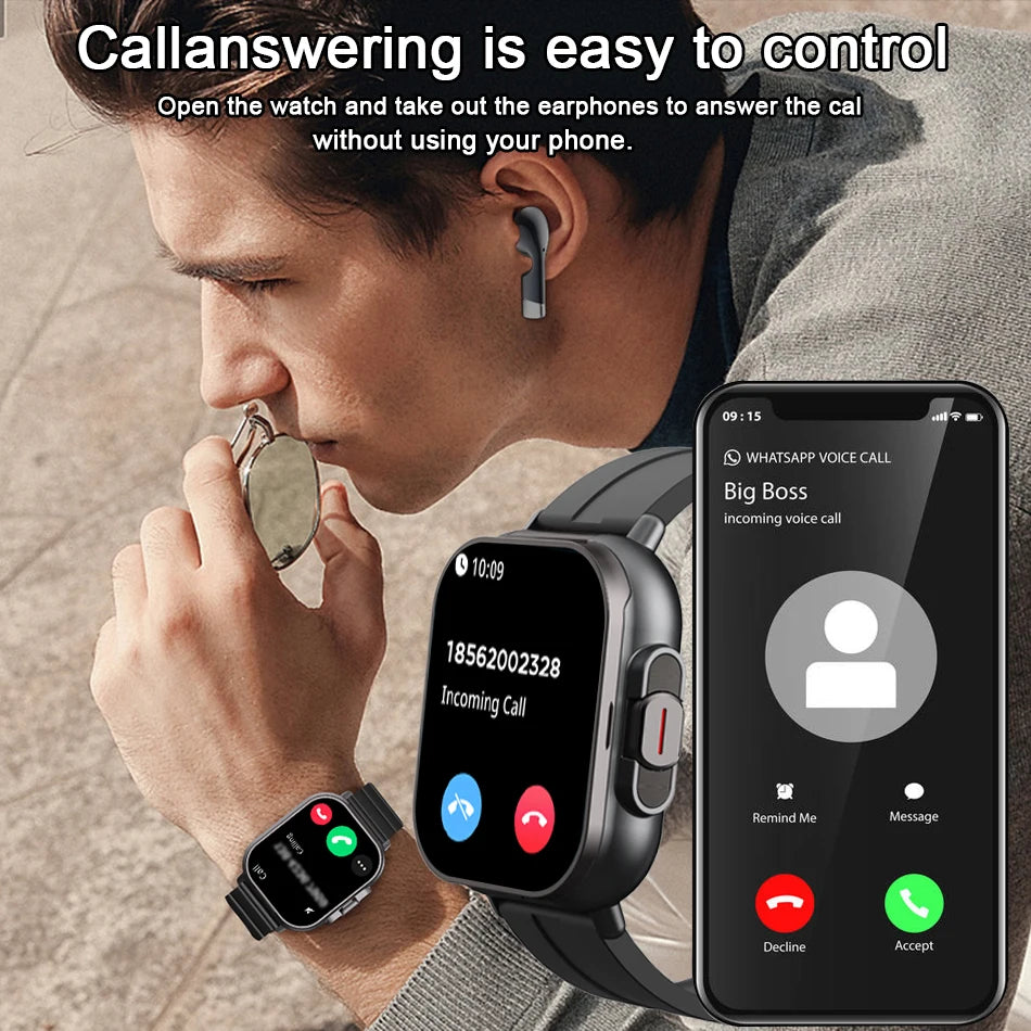 2024 Smart Watch 2 in 1 With Earphone Smartwatch Bluetooth Call Men Watch GPS Track Heart Rate Monitor Play Music SmartWatch - covers4phones