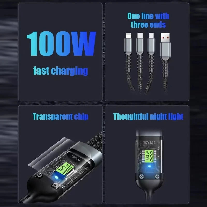 3 In 1 100w Transparent Fast Charging Cable Type C Usb Micro For Huawei OPPO Vivo Samsung Xiaomi Pilot Lamp Charger Usb C 6A - covers4phones