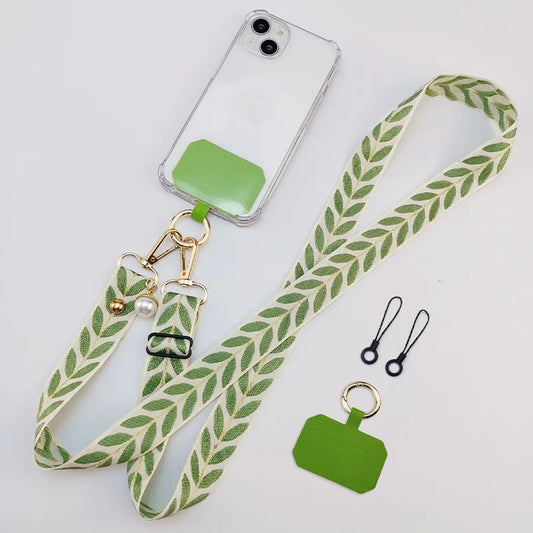 Adjustable Crossbody Long Mobile Phone Lanyard Wide Cloth Anti-Lost Neckband Women's Pearl Hanging Ornaments Strap Rope - covers4phones