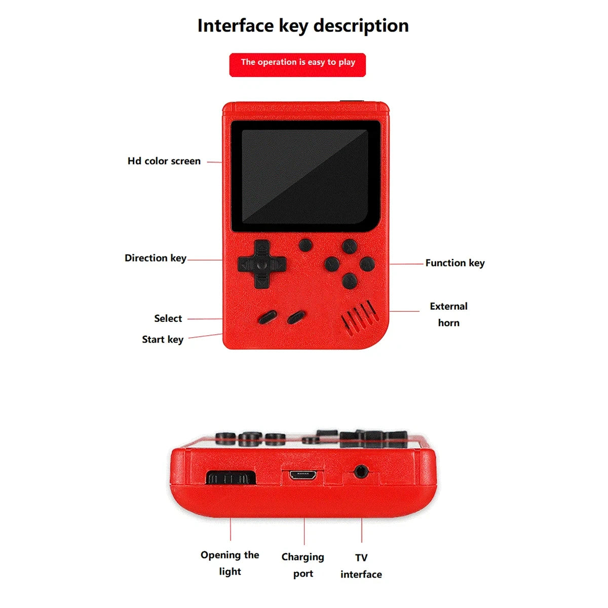 A Red Retro Classic Games Children's Handheld Small Game Console With 400 Game Charging Can Be Connected To The Tv
