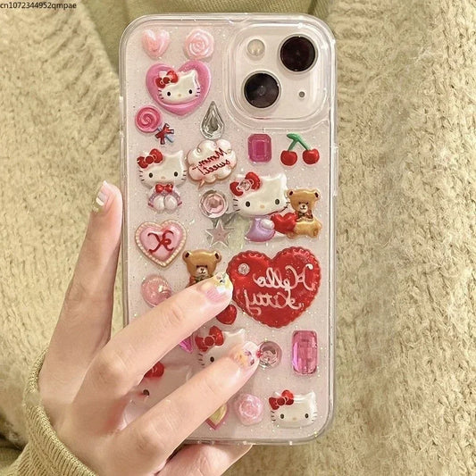 3D Cute Cartoon Sanrio Y2K Hello Kitty Sticker Bling Glitter Phone Case For iPhone 16 15 14 13 12 11 Pro Max Transparent Cover - covers4phones