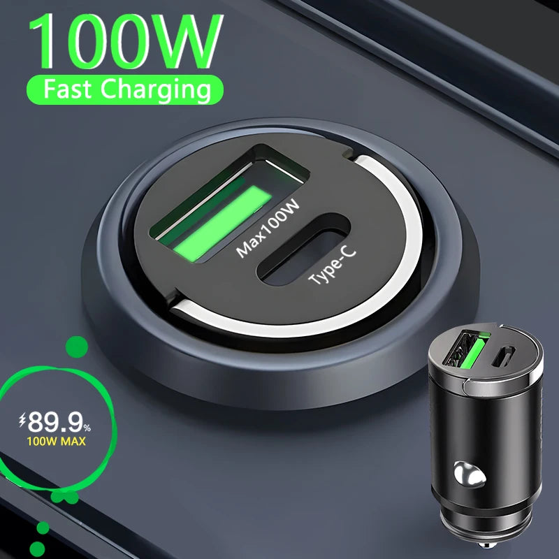100W Mini Car Charger Lighter Fast Charging for iPhone QC3.0 Mini PD USB Type C Car Phone Charger for Xiaomi Samsung Huawei - covers4phones