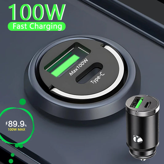 100W Mini Car Charger Lighter Fast Charging for iPhone QC3.0 Mini PD USB Type C Car Phone Charger for Xiaomi Samsung Huawei - covers4phones