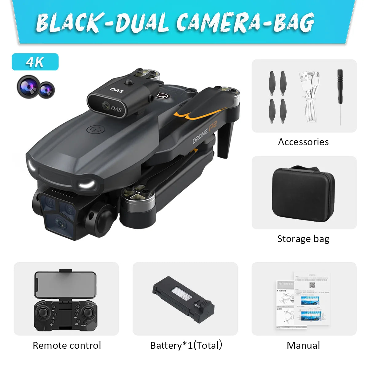 KBDFA P2 RC Drone Profesional Dual HD Camera Aerial Photography FPV Helicopters Obstacle Avoidance Foldable RC Quadcopter Toys - covers4phones