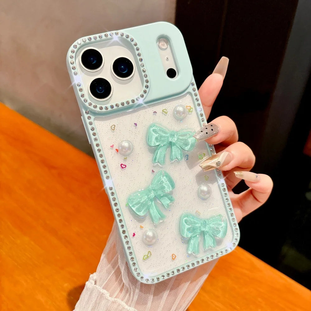 Shiny Diamond 3D Pearl Bow Phone Case For iPhone 17 AIR 16 15 14 13 Pro Max 17pro Plating TPU Epoxy Shockproof Transparent Cover