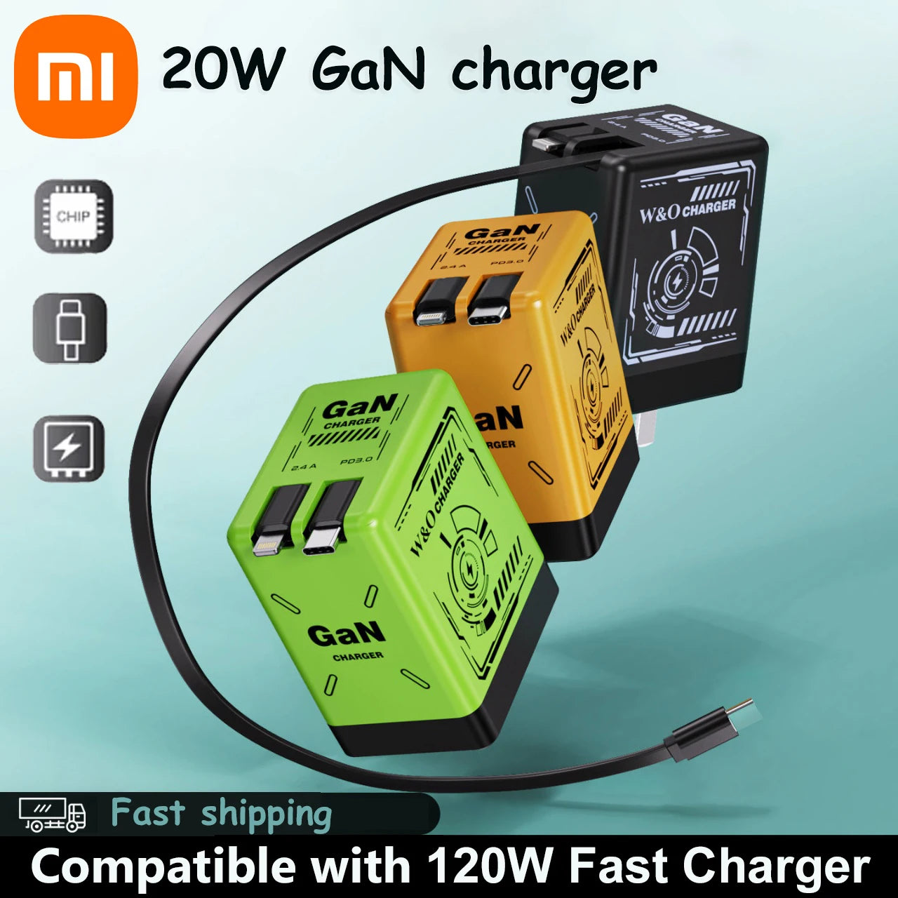 XIAOMI GaN Charger Compatible with 120W Fast Charger Retractable Type-C lightning Cable Portable Adapter For iPhone iPad Samsung