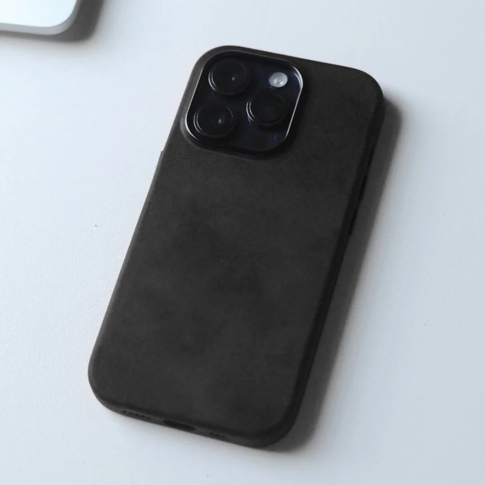 YMW Scratc Crazy Horse Genuine Leather Case for iPhone 16 15 Pro Max Plus 14 13 mini Magnetic PULL-UP Cowhide Phone Cover