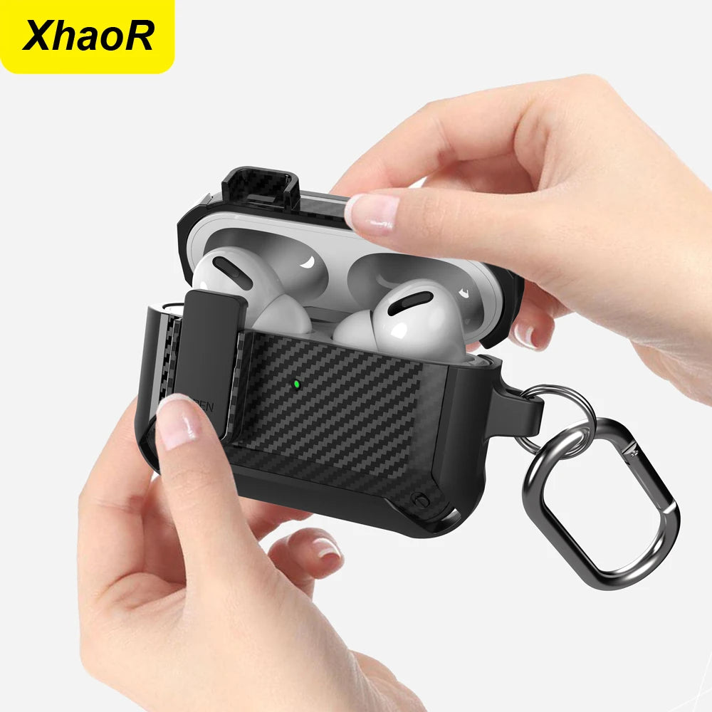 Security Lock Cover For Airpods Pro 2 Case Luxury Carbon Fibre Switch Earphone Case With Keychain For Airpods 3 1 Shockproof Box - covers4phones
