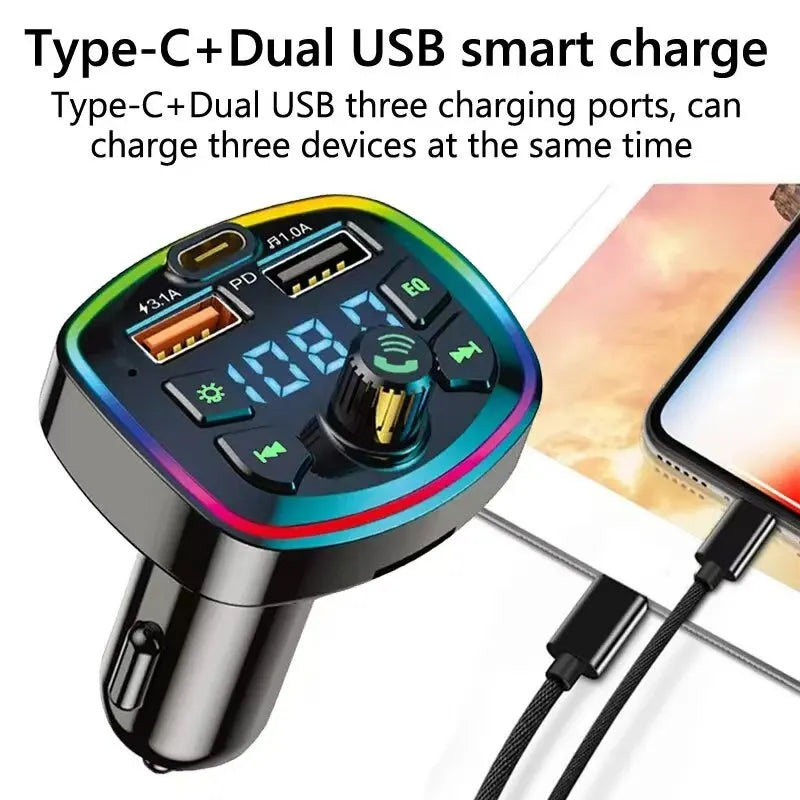 Car Charger FM Transmitter Bluetooth5.0 Hands Free True 3.1A Dual USB Port PD FastCharging MP3 Music TF Card U disk AUX Player - covers4phones