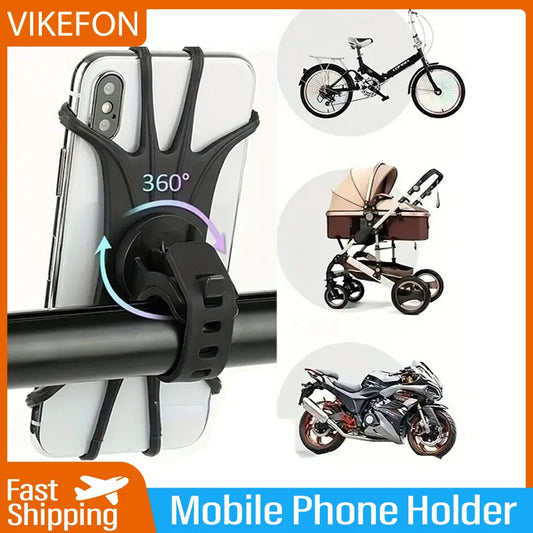 VIKEFON 360 Rotatable Bicycle Motorcycle Mobile Phone Holder Bracket Silicone Support Silicone Pull Type For All Phone Stand - covers4phones