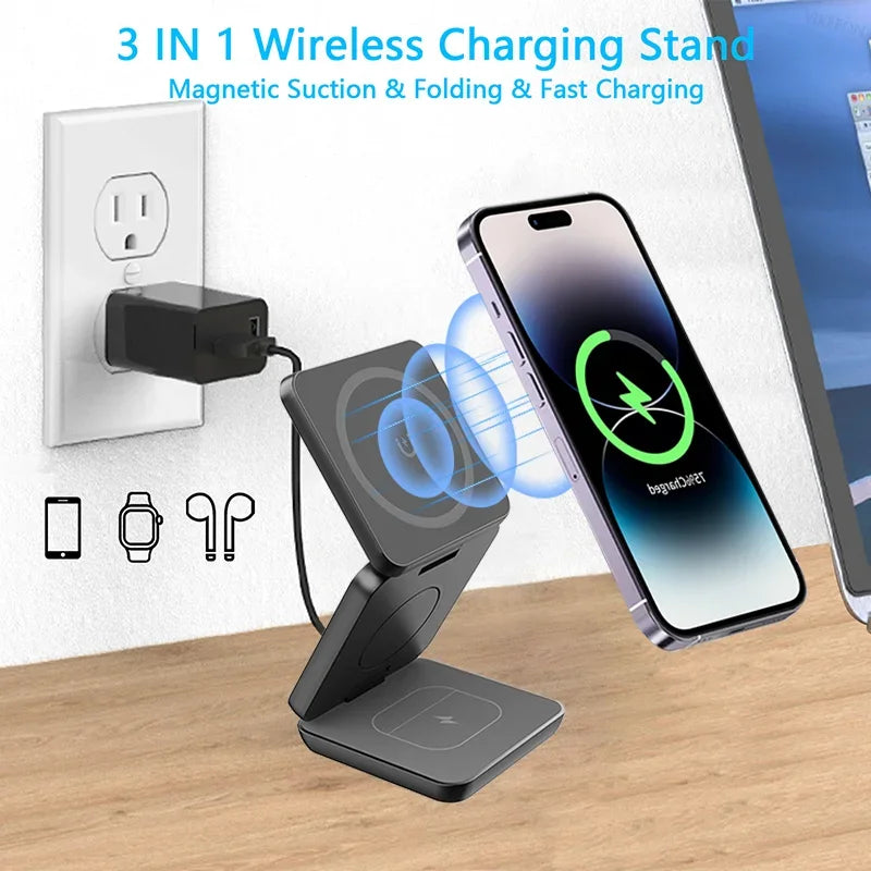 3 in 1 Foldable Magnetic Wireless Charger Stand For Magsafe iPhone 1615 14 13 12 Apple Watch 8 7 6 Airpods Fast Charging Station - covers4phones