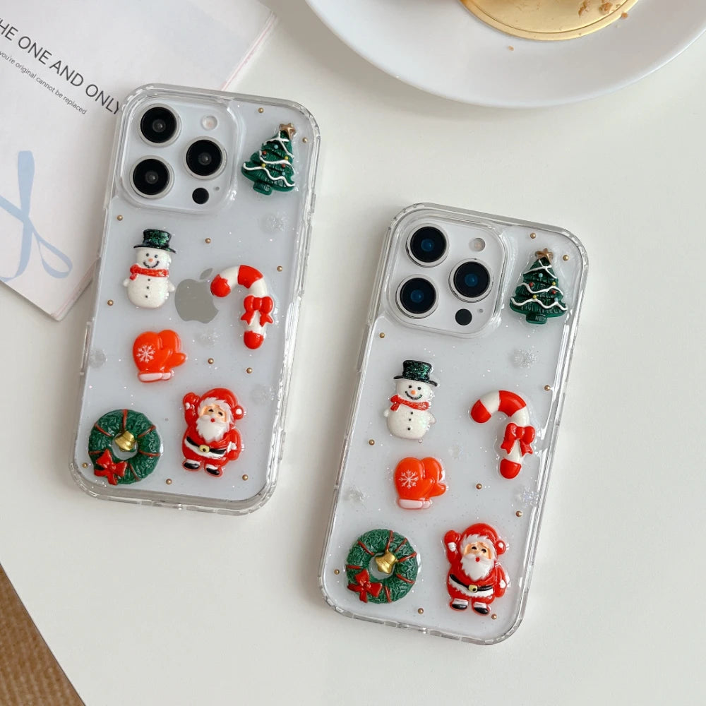 3D Bling Glitter Christmas Socks Snowman Santa Claus Cartoon Cute Phone Case For iPhone 16 15 14 13 12 11 17 Pro Max Soft Cover