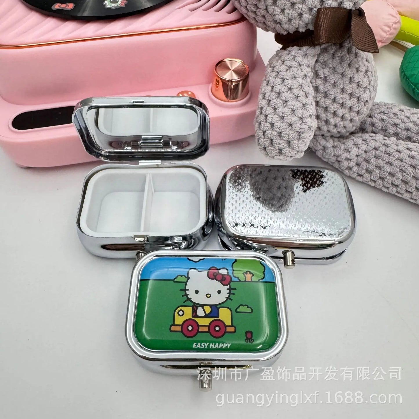 HelloKitty Sanrio Pill Subpackage Box Cartoon Medicine Box Portable Seal Metal Jewelry Storage Box Anime Peripheral Girl Gifts - covers4phones