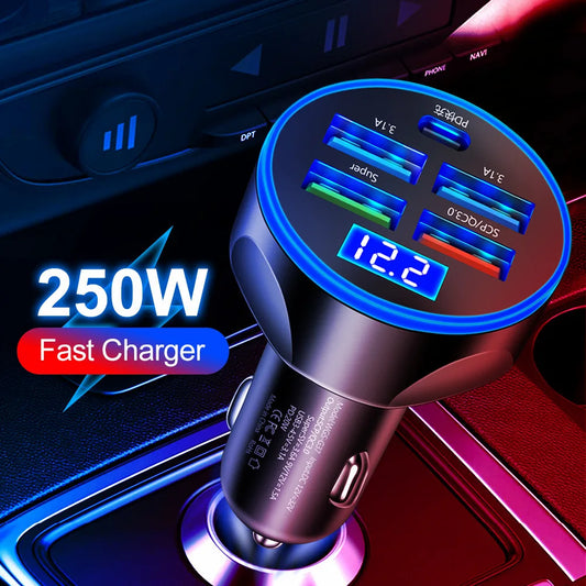 250W 5 in 1 USB Car Charger Type C PD 12V Cigar Jack Fast Charging Adapter for iPhone 12 Pro Max 14 Plus 13 Huawei Oneplus - covers4phones
