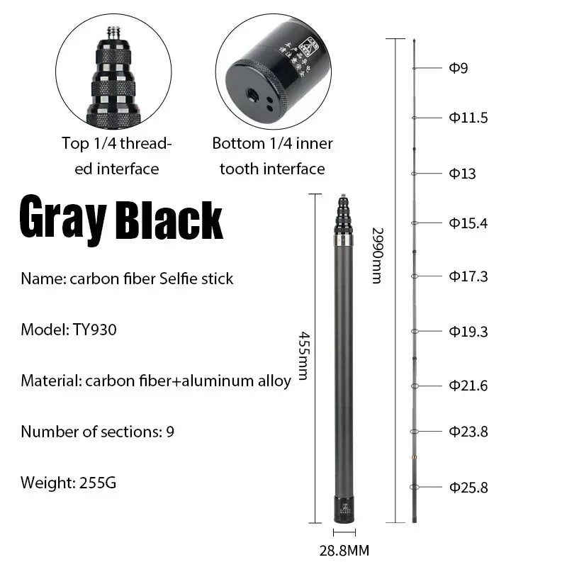 Carbon Fiber Invisible Extended Edition Selfie Stick for Insta360 X3 GO3 Action 4 Accessories 300CM for DJI GoPro Selfie Stick - covers4phones