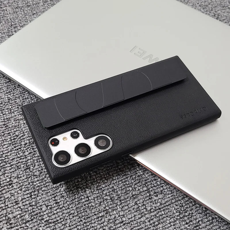 Luxury Leather Wristband Case For Samsung Galaxy S23 Ultra S22 Plus Hand Strap Business Pure Color Cover for Samsung S23Ultra - covers4phones