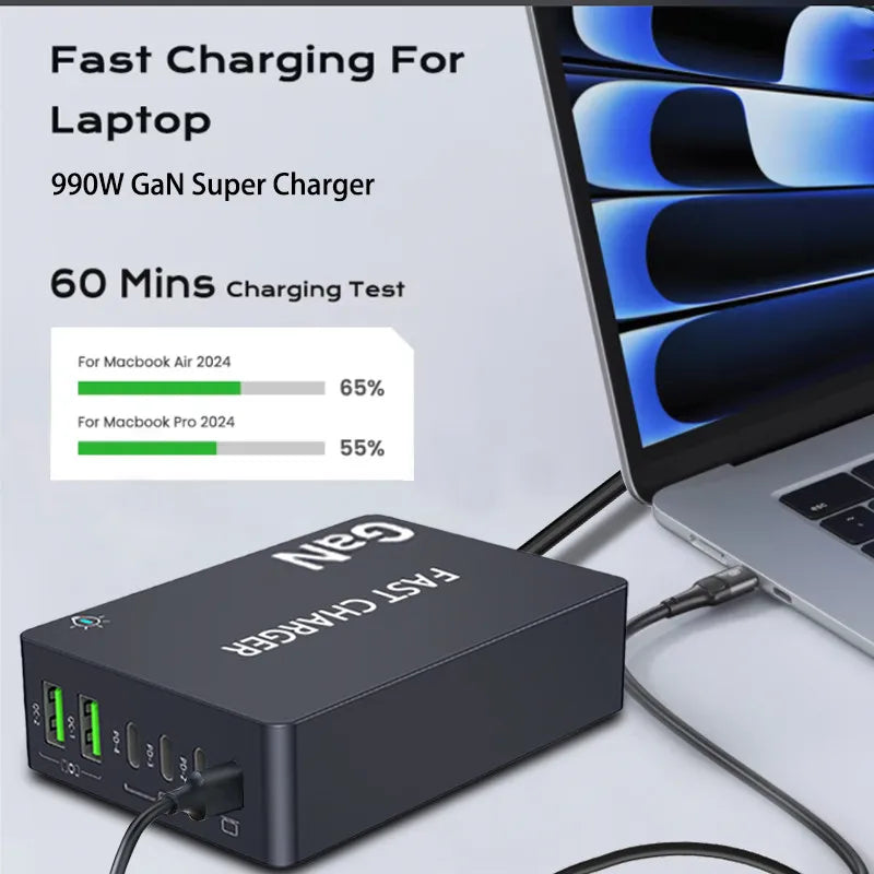 990W USB C GaN Charger 300W PD 3.3 PPS QC4.0 Multiport Fast Charging Station For Laptop iPhone 15 16 Samsung Macbook Pro Tablet