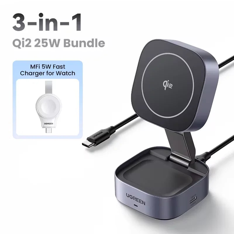 UGREEN Qi2 25W Magnetic Wireless Charger Stand 2-in-1 Charging Stand For iPhone 15 16 Pro Max/AirPods For MagSafe Fast Charger - covers4phones