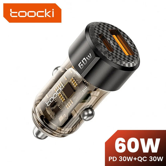 Toocki 60W Car Charger 30W Quick Charge Transparent Case PD 27W for iPhone 15 14 13 12 Xiaomi Poco Samsung Fast Charger Charging - covers4phones