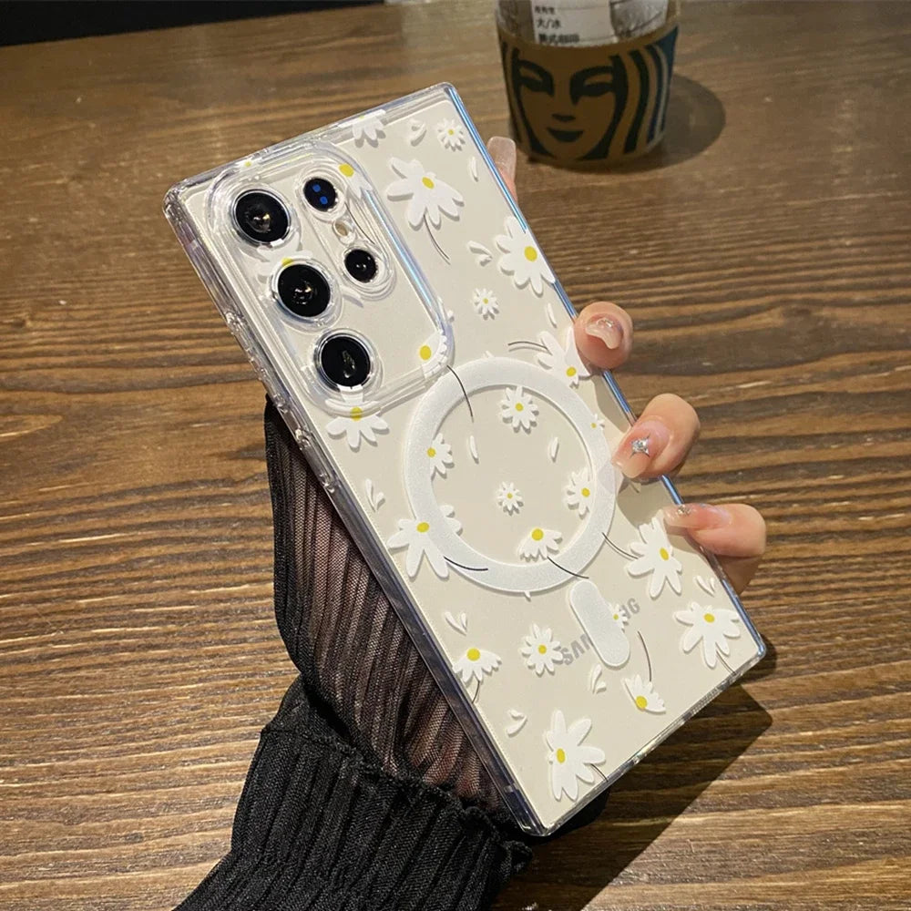 for Magsafe Cartoon Flower Case for Samsung Galaxy S23 S22 Ultra Note 20 S21 Plus Wireless Transparent Soft Shockproof TPU Cover - covers4phones