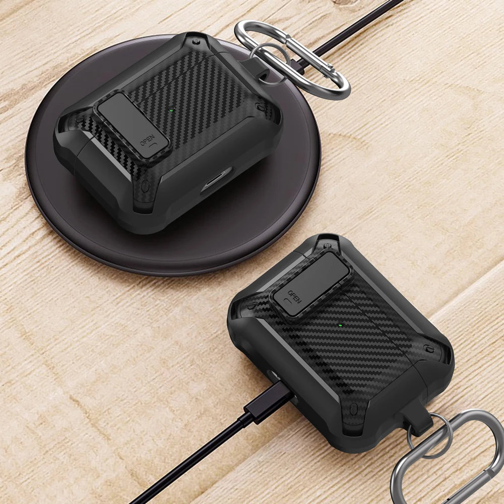 Security Lock Cover For Airpods Pro 2 Case Luxury Carbon Fibre Switch Earphone Case With Keychain For Airpods 3 1 Shockproof Box - covers4phones