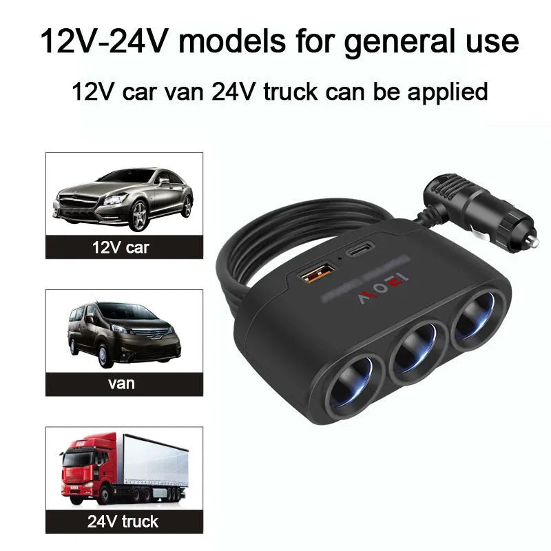 Car Charging Adapter One Tow Three Conversion Head with USB+PD Extended High Power 12V24V Universal Model - covers4phones