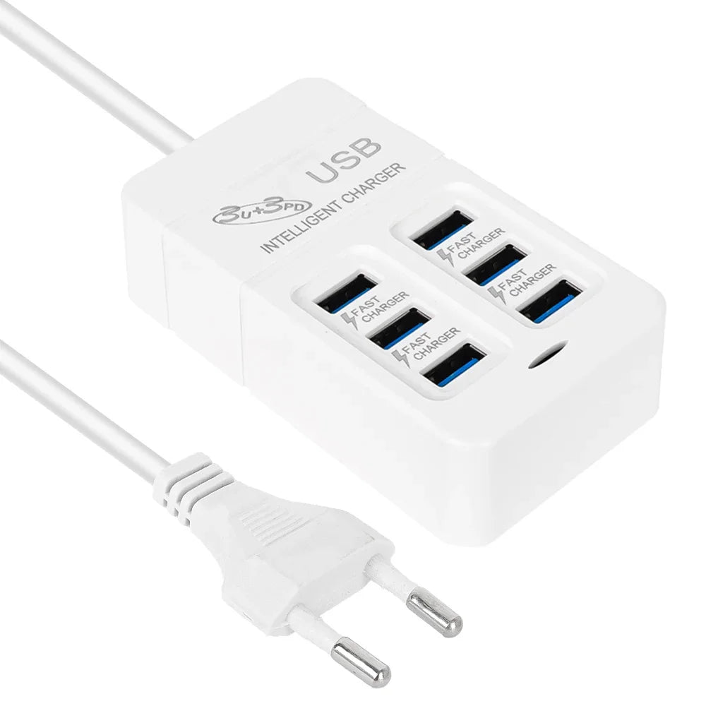 PD Quick Charging Wall Chargers USB Hub Adapter 6 Ports USB Type C Desktop EU US Plug Slots Charging Extension Socket Outlet