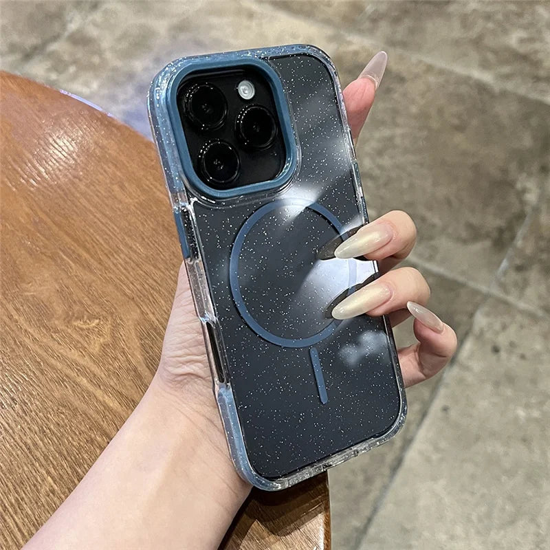 Double Color Bling Glitter Magnetic Magsafe Case For iPhone 16 15 14 16Pro Max Wireless Charging Shockproof Bumper Back Cover