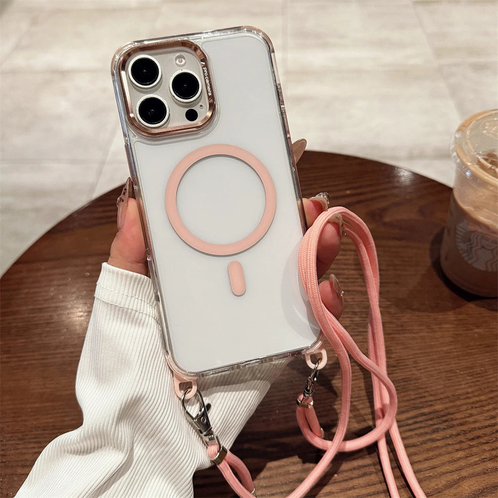Crossbody Lanyard Necklace Transparent Magnetic For Magsafe Phone Case for iPhone 15 11 12 13 14 16 Pro Max Plus Anti-lost Cover
