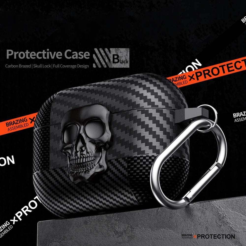 New Earphone Protector Case For Airpods Pro 2 3 4 ANC Cover With Carabiner Rotating Skull Secure Lock Clip Headphone Cases Funda