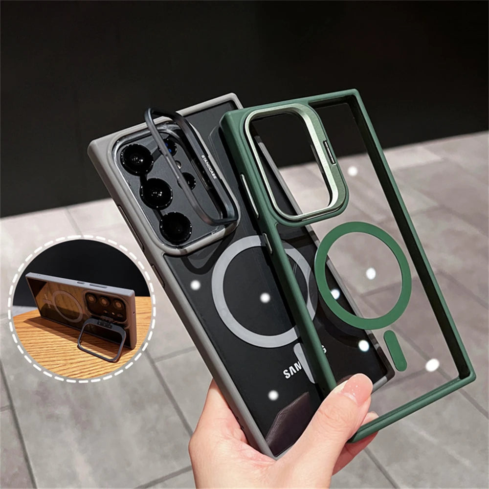 Camera Bracket Magnetic Clear Case For Samsung S24 S25 Ultra S23 S22 Plus For Magsafe Wireless Charge Shockproof Bumper Cover - covers4phones