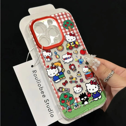 Cartoon Red Checkered Hello Kitty Cute Phone Case For iPhone 16 15 14 13 12 11ProMax XR XS 7 8Plus Soft Anti Drop Silicone Cover - covers4phones