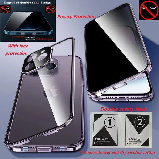 360° Degree Protection Privacy Metal Double Sided Glass Case For iPhone16 14 15 Pro Max Lens Protection Double Buckle Lock Cover - covers4phones
