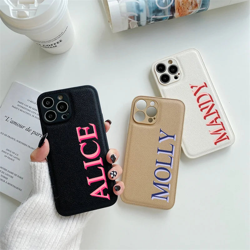 3D Colorful Personalised Name Case For iPhone 11 12 13 14 15 16 Pro Max XR XS MAX 7 8 Plus Luxury Korea Leather Customized Cover - covers4phones