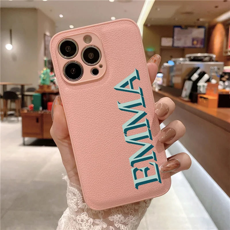 3D Colorful Personalised Name Case For iPhone 11 12 13 14 15 16 Pro Max XR XS MAX 7 8 Plus Luxury Korea Leather Customized Cover - covers4phones