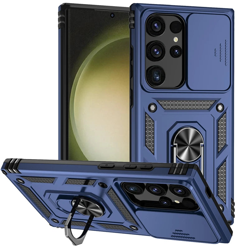 For Samsung Galaxy S24 Ultra Case Slide Lens Armor Phone Case For Samsung S24 + Plus S 24 Ultra Magnetic Ring Holder Back Cover - covers4phones