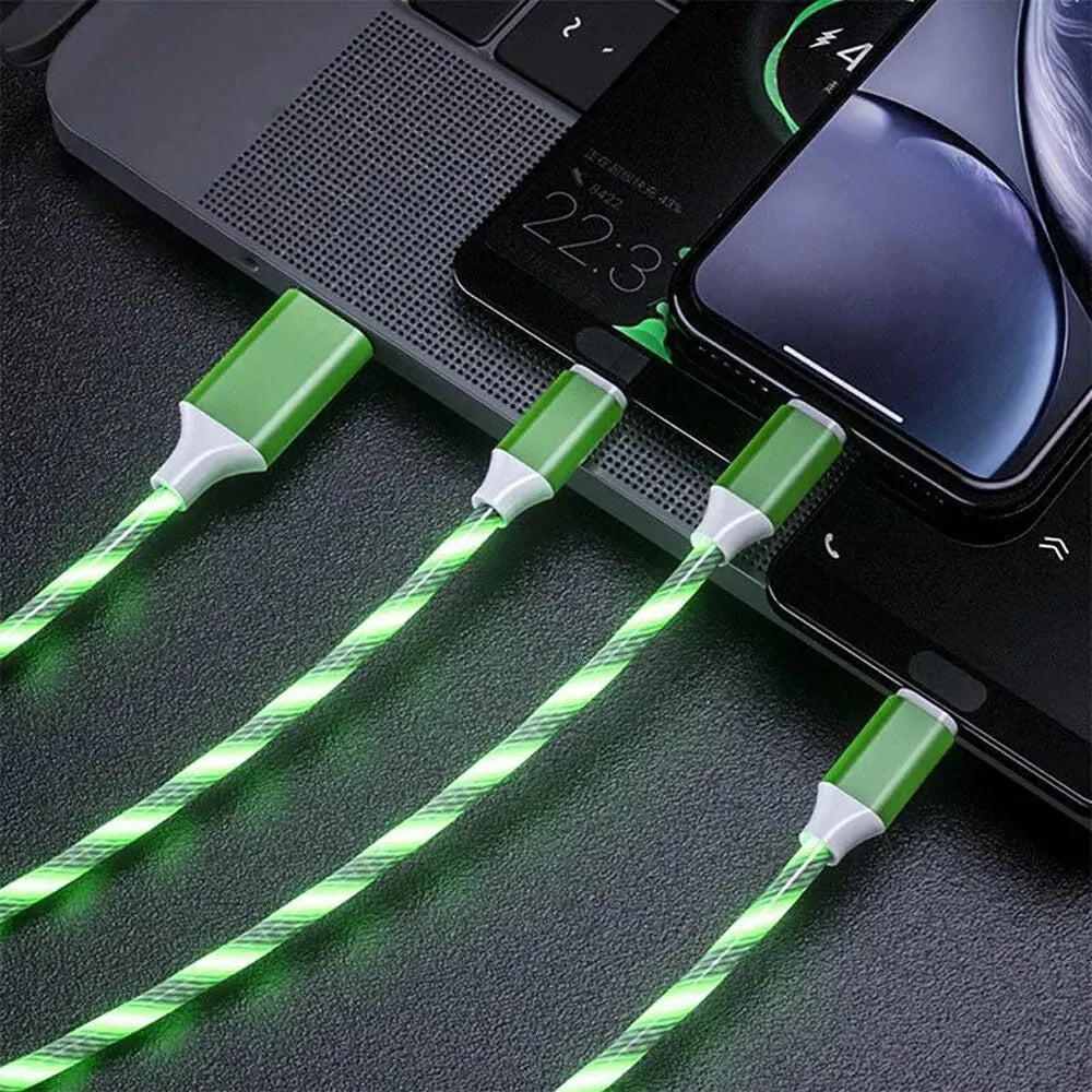 3 in 1 Fast Charging Cable with LED Lighting, 3A, Micro USB Type C, for IPhone, Samsung, Xiaomi, Phone Charger - covers4phones